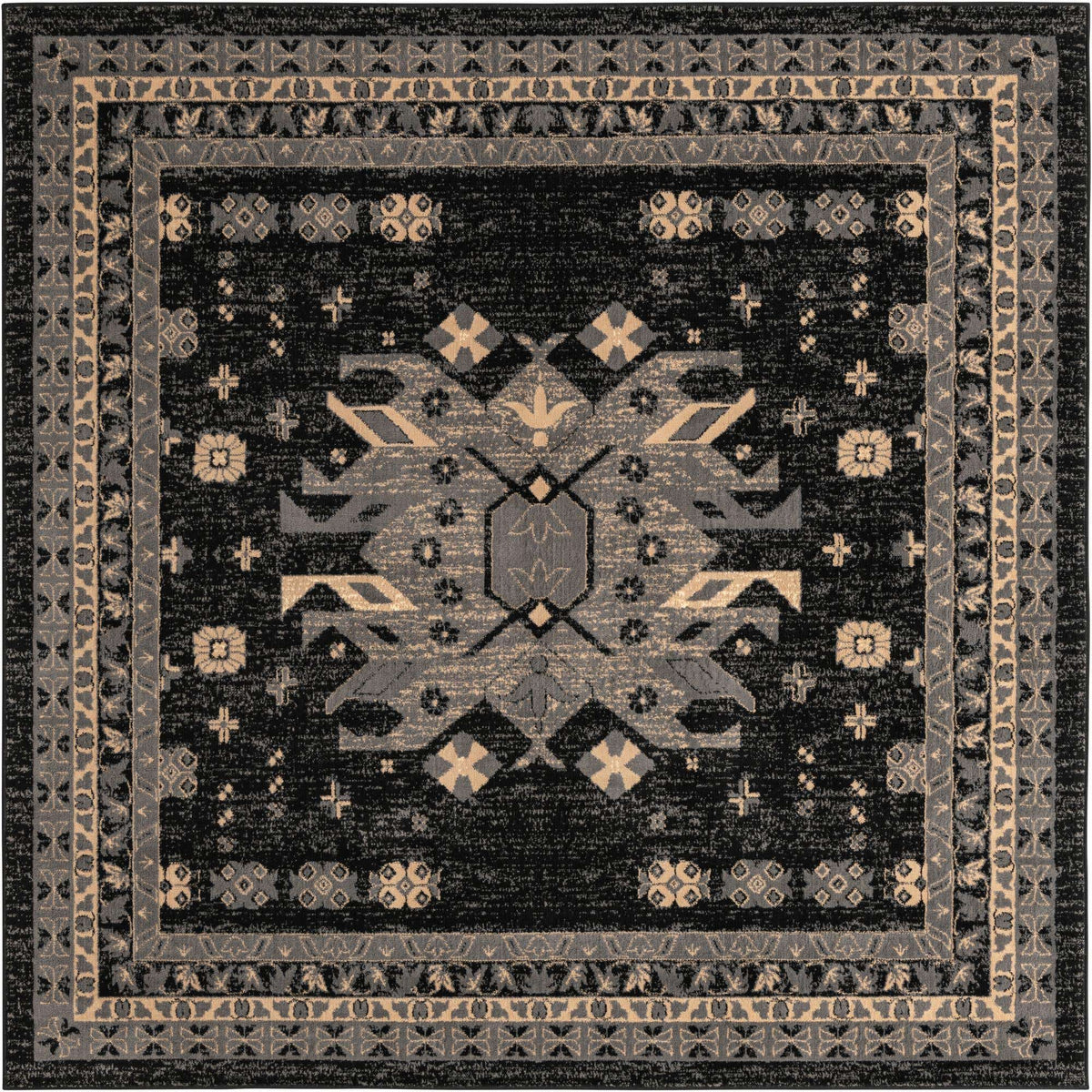 Quadratisch Teppich Heriz Design in Schwarz von Hadorn™ - Lifestyle Image